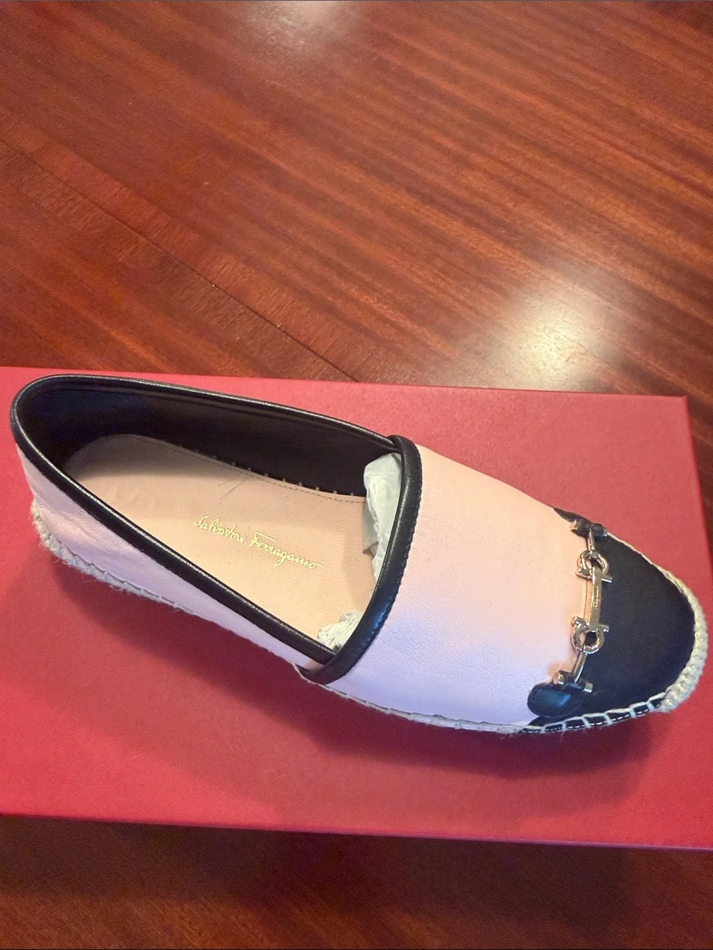 Salvatore Ferragamo Pink and black Leather Espadrilles with Gancini Trim